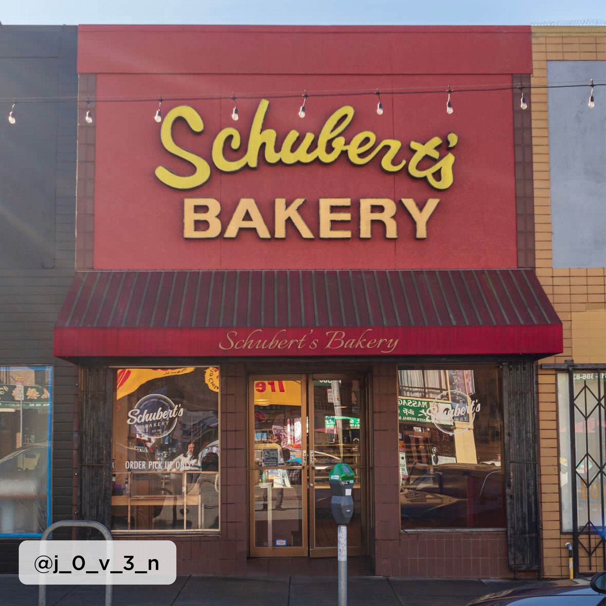 outside schubert's bakery instagram post